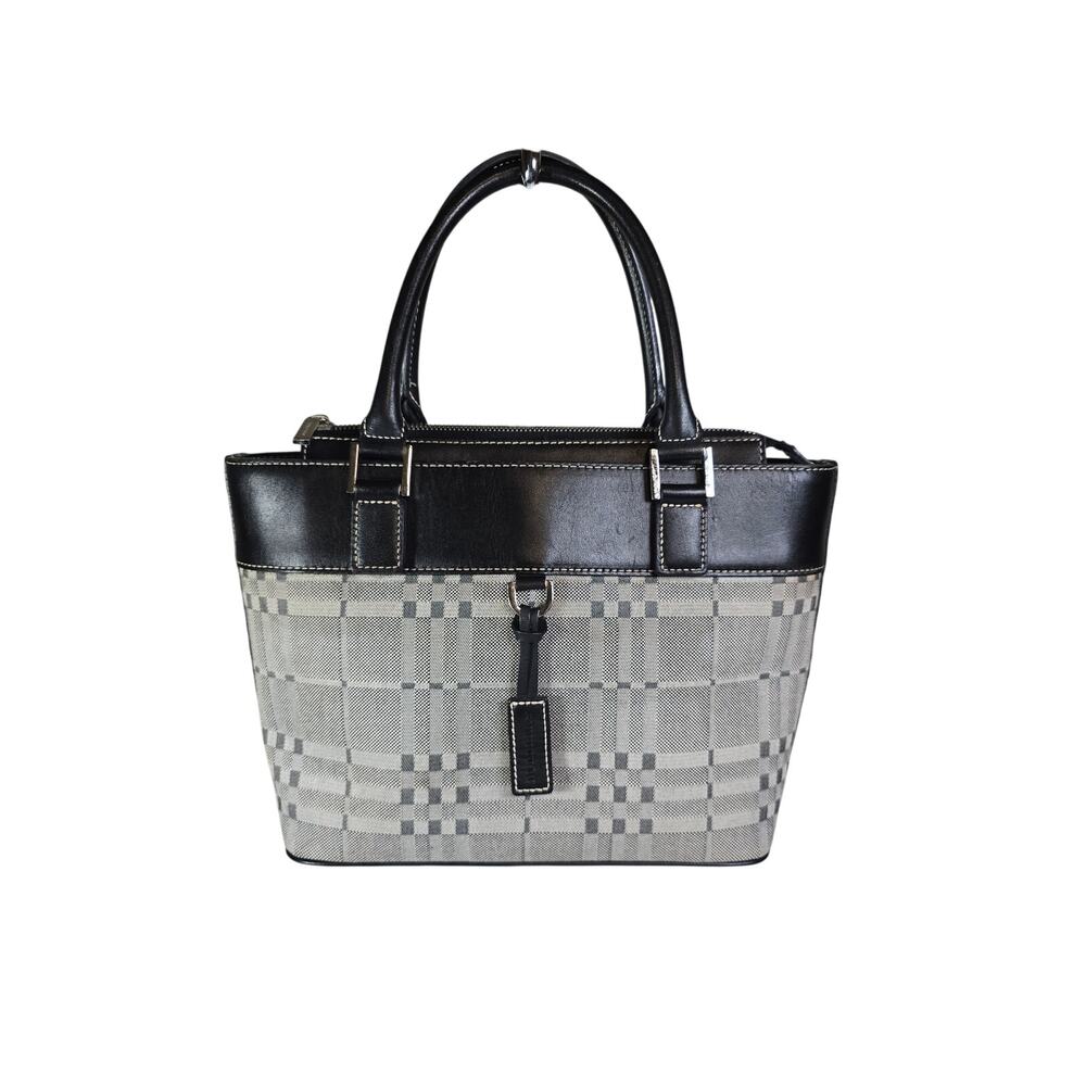 Burberry Zip Tote Grey/Black Cotton Check Handbag Leather Trim